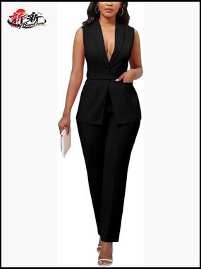 Women's Dressy 2 Piece Vest Blazer Pantsuit Set Business Casual Outfit